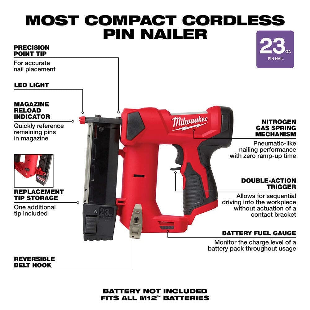 2540 20 M12 12V 23 Gauge Compact Cordless Pin Nailer Bare Tool Amazon