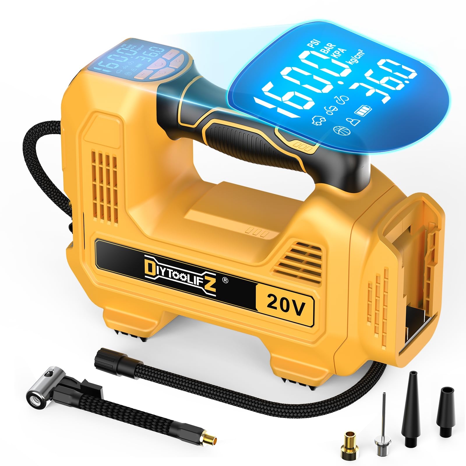 Amazon 160PSI Cordless Tire Inflator Air Compressor Compatible With Dewalt 20V Battery Portable Air Pump With Automatic Shut Off LED Light Digital Pressure Gauge For Cars Motorcycles Bike Ball Bare Tool Tools