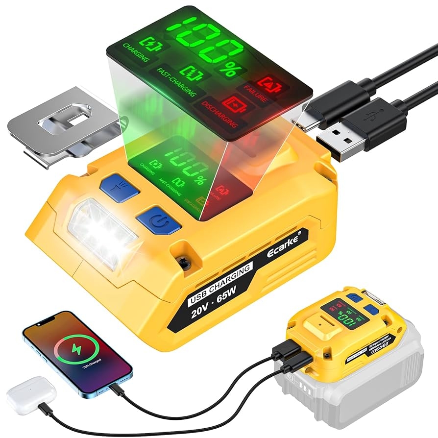 Amazon Battery Charger For DeWALT 20V Battery With USB Wall Charging Adapter 65W Portable Charger Adapter 20v For Battery Charge Phone Laptop Computer Soldering Iron Bare Tool Only Electronics