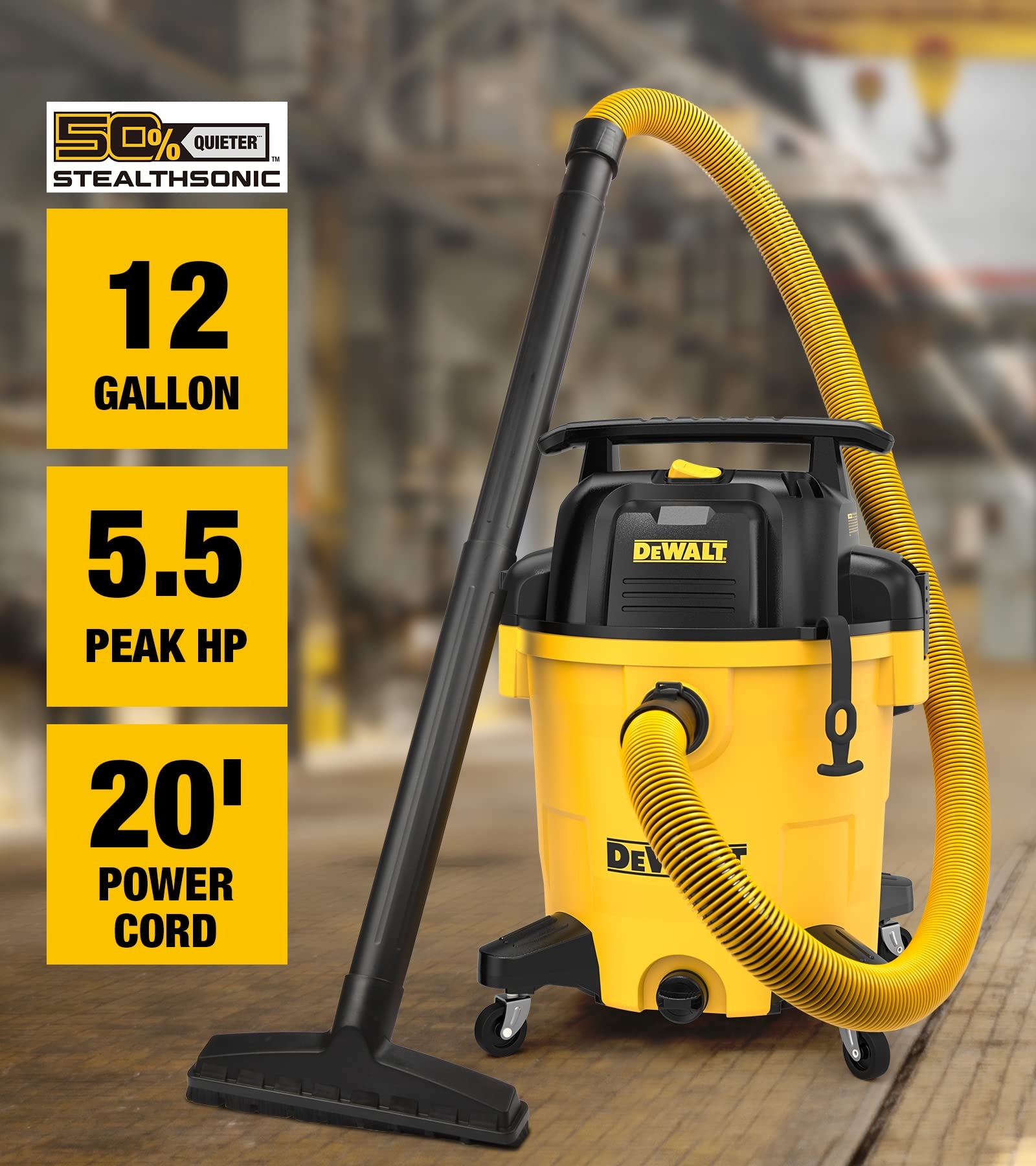 Amazon DEWALT 12 Gallon STEALTHSONIC Ultra Quiet Poly Wet Dry Vacuum DXV12P QTA Powerful Suction Noise Reduction Vac 5 5 Peak HP Shop Vacuum For Jobsite Workshop Reduce Motor Noise Yellow Tools U0026 Home