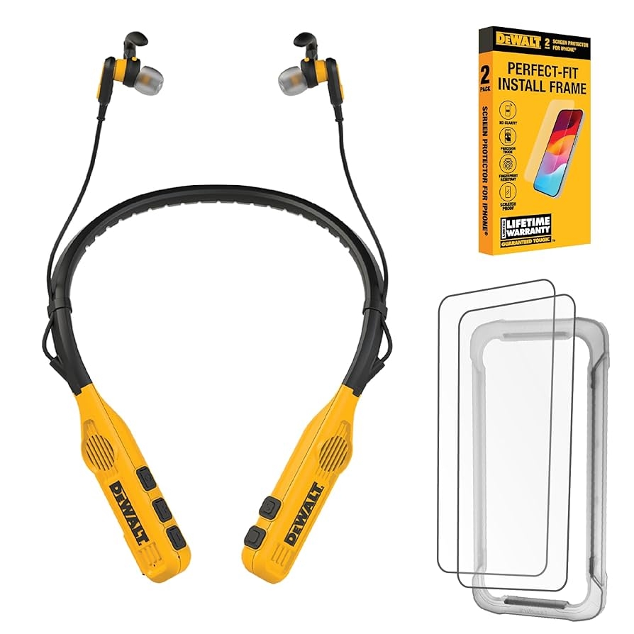 Amazon DEWALT 2 in 1 Neckband Bluetooth Headphones W Built in Speakers Glass Screen Protector For IPhone 13 13 Pro 14 Electronics