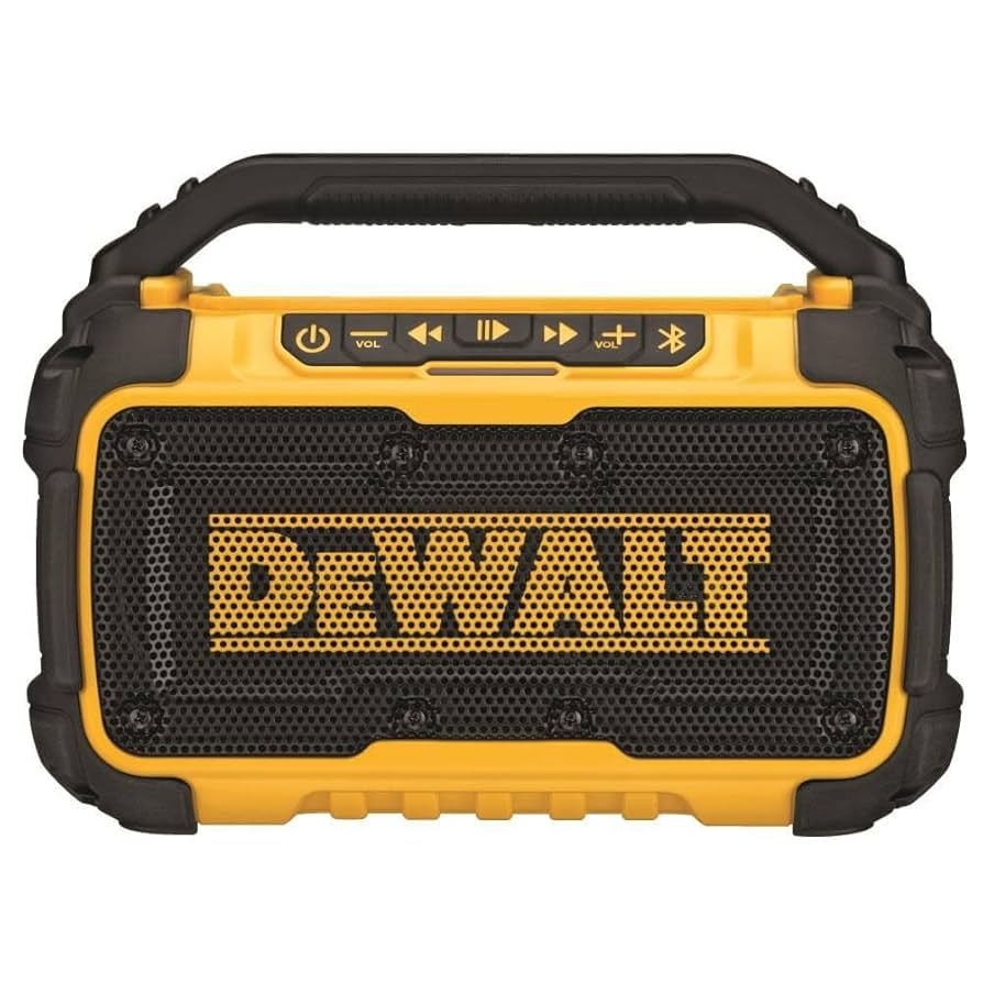 Amazon DEWALT 20V MAX Bluetooth Speaker 100 Ft Range Durable For Jobsites Phone Holder Included Lasts 8 10 Hours With Single Charge DCR010 Electronics