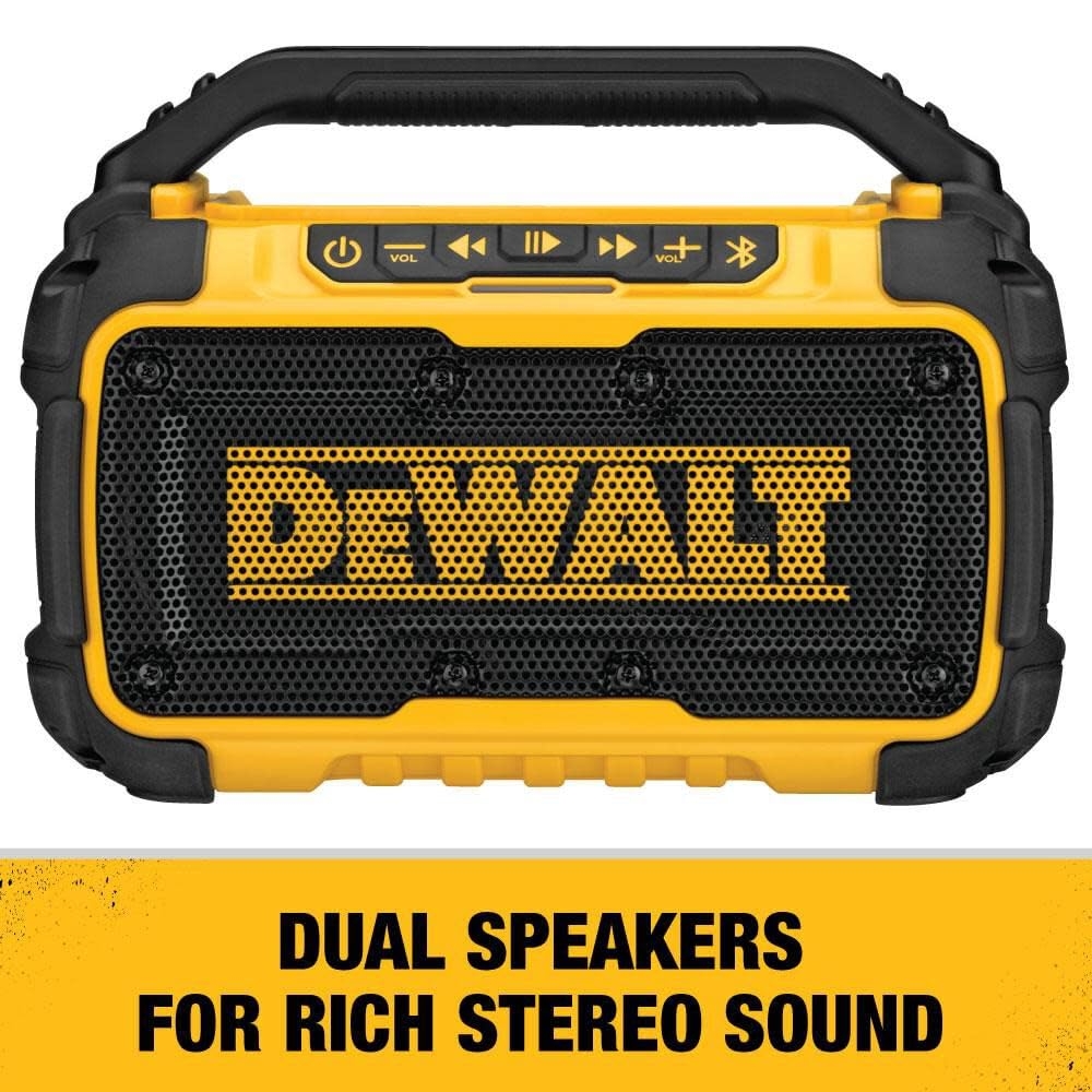 Amazon DEWALT 20V MAX Bluetooth Speaker 100 Ft Range Durable For Jobsites Phone Holder Included Lasts 8 10 Hours With Single Charge DCR010 Electronics