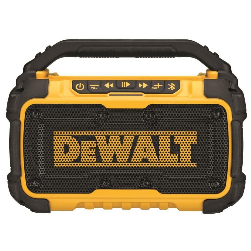 Amazon DEWALT 20V MAX Bluetooth Speaker 100 Ft Range Durable For Jobsites Phone Holder Included Lasts 8 10 Hours With Single Charge DCR010 Electronics