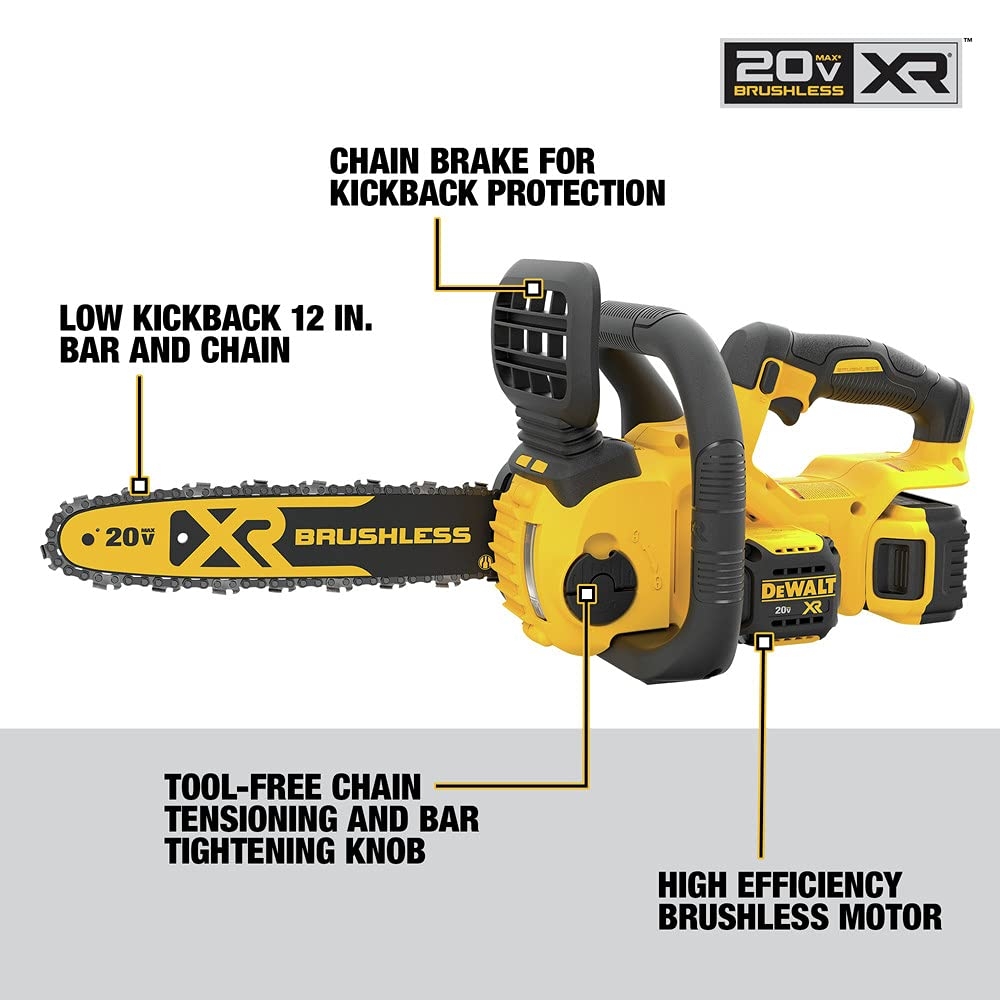 Amazon DEWALT 20V MAX XR Chainsaw Kit 5 Ah Battery 12 Inch DCCS620P1 Patio Lawn Garden