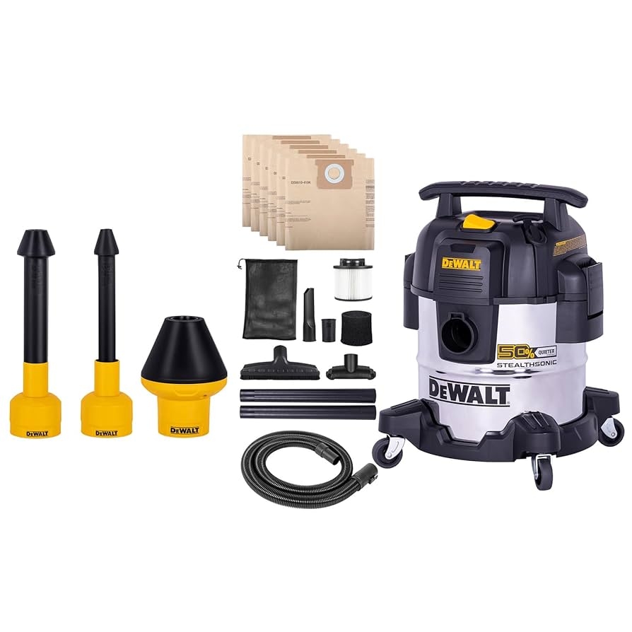 Amazon DEWALT 5 Gallon STEALTHSONIC Shop Vacuum Wet And Dry With 6 Dust Bags And Shop Vac 3 Pack Conduit Line Puller Attachment Kit DXVA00 0301 Ideal For Home Jobsite Workshop Garage Car 