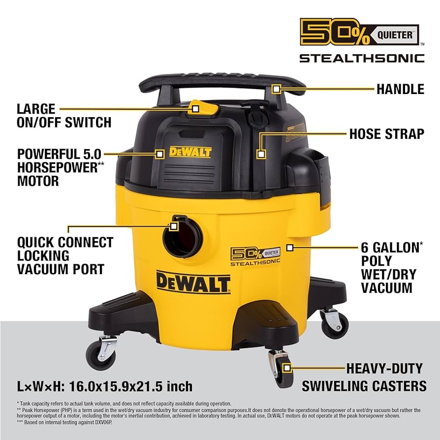 Amazon DEWALT 6 Gal Stealthsonic Shop Vacuum Wet And Dry 5 Peak HP Poweful Suction Ultra Quiet Vacuum Cleaner With Complete Accessory Kit And 6 Dust Bages Shop Vac For Home Jobsite Workshop 