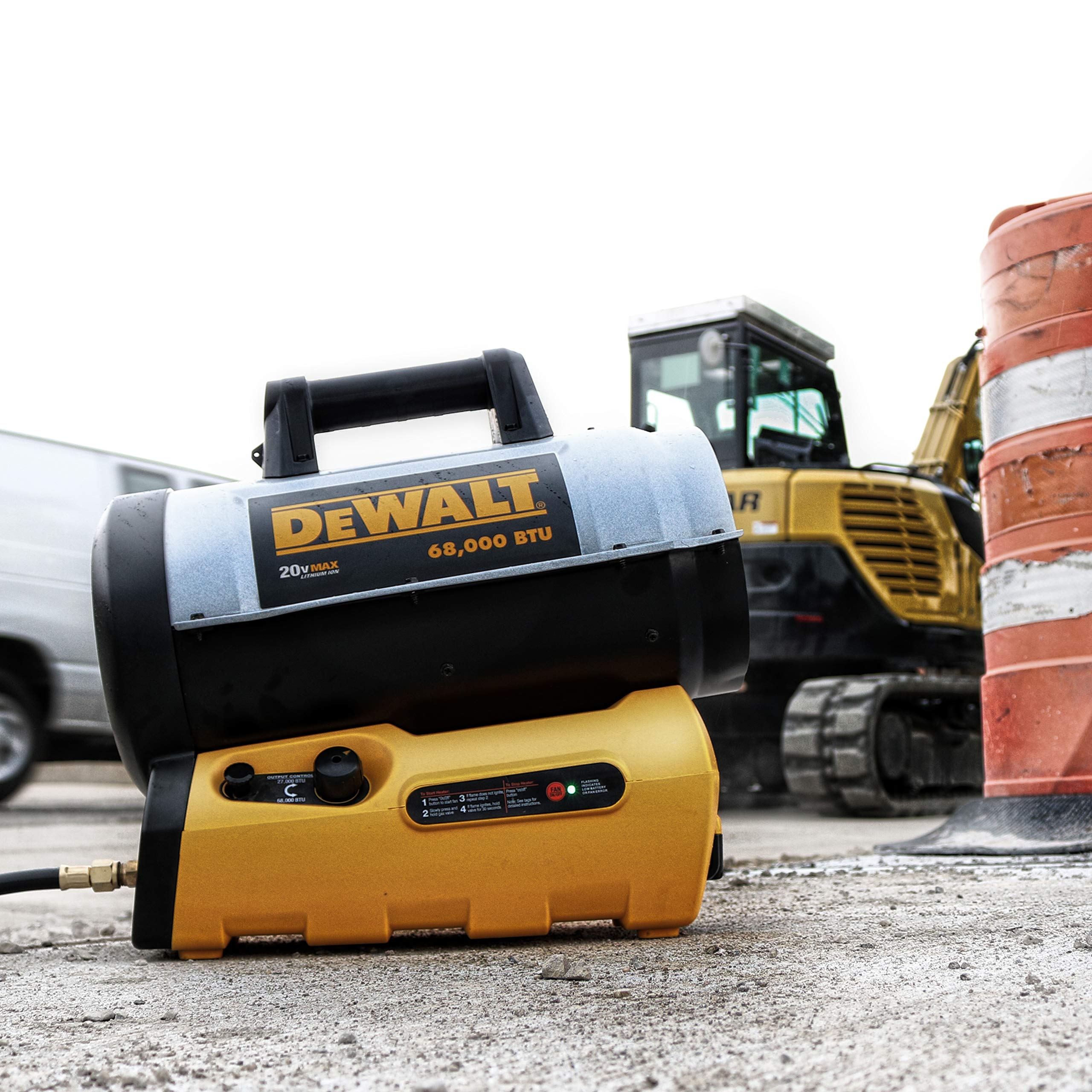 Amazon DeWalt 68 000 BTU 20 Volt Battery Start Portable Cordless Propane Space Heater With Quiet Barrel Forced Air Design For Job Site And Workshop Tools U0026 Home Improvement