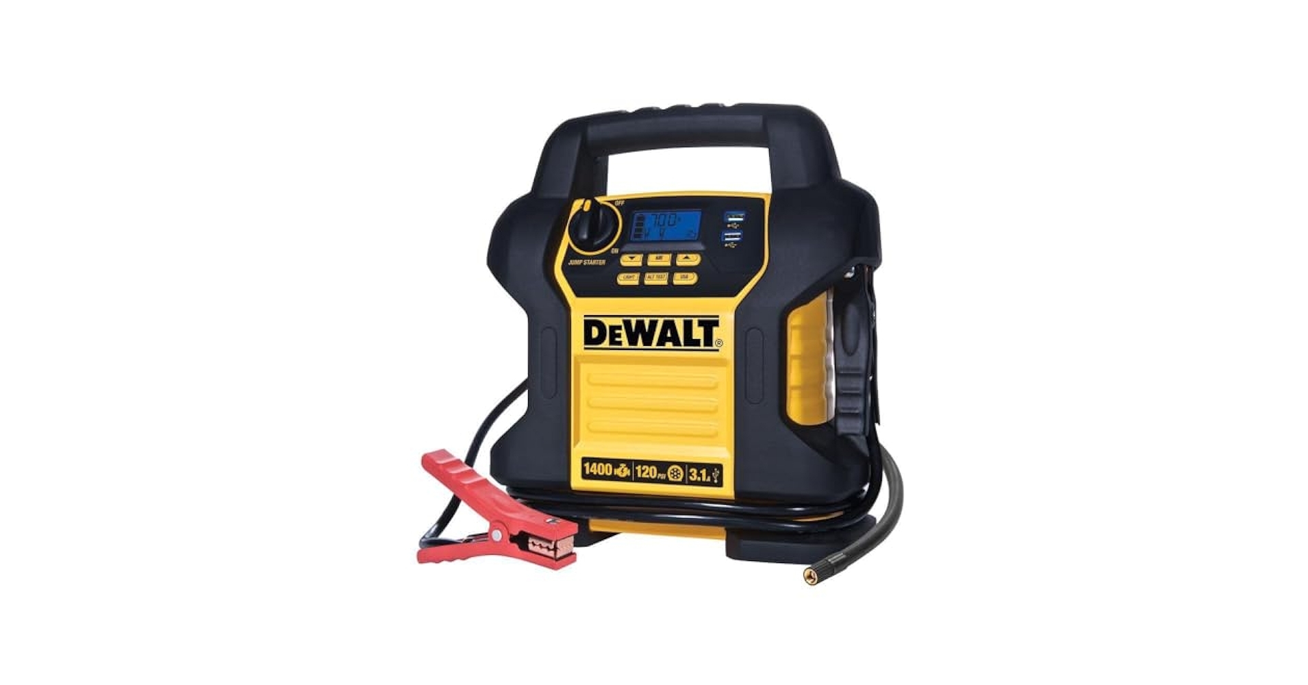 Amazon DEWALT DXAEJ14 Digital Portable Power Station Jump Starter 1400 Peak Amps With 120 PSI Compressor AC Charging Cube USB Port For Electronic Devices Automotive