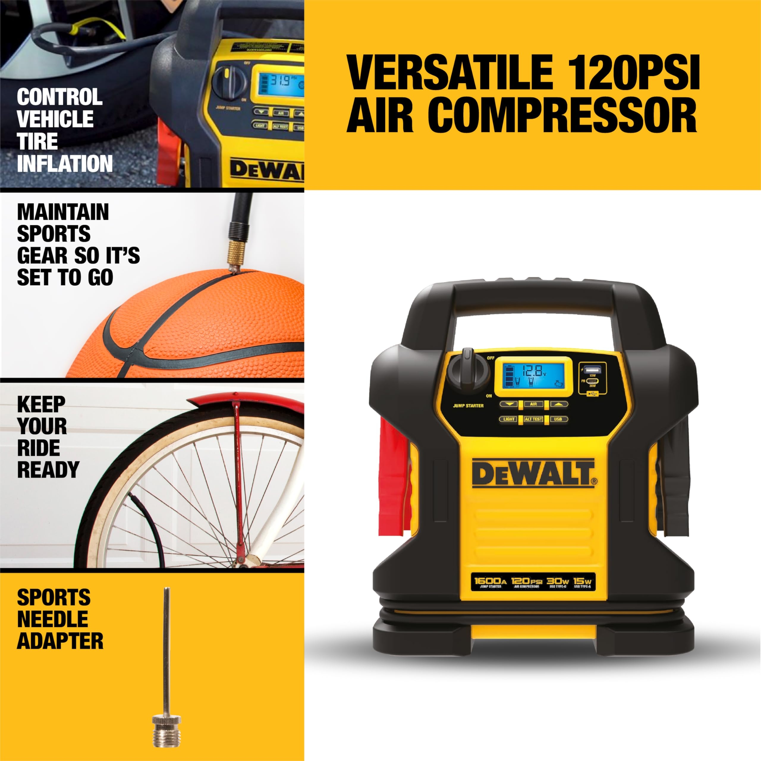 Amazon DEWALT DXAEJ14 Type3 Digital Portable Power Station Jump Starter 1600 Peak Amps With 120 PSI Compressor AC Charging Cube 15W USB A And 25W USB C Power For Electronic Devices Automotive