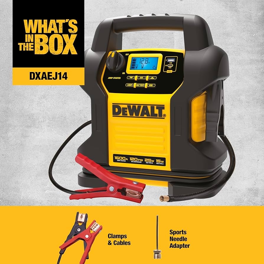 Amazon DEWALT DXAEJ14 Type3 Digital Portable Power Station Jump Starter 1600 Peak Amps With 120 PSI Compressor AC Charging Cube 15W USB A And 25W USB C Power For Electronic Devices Automotive