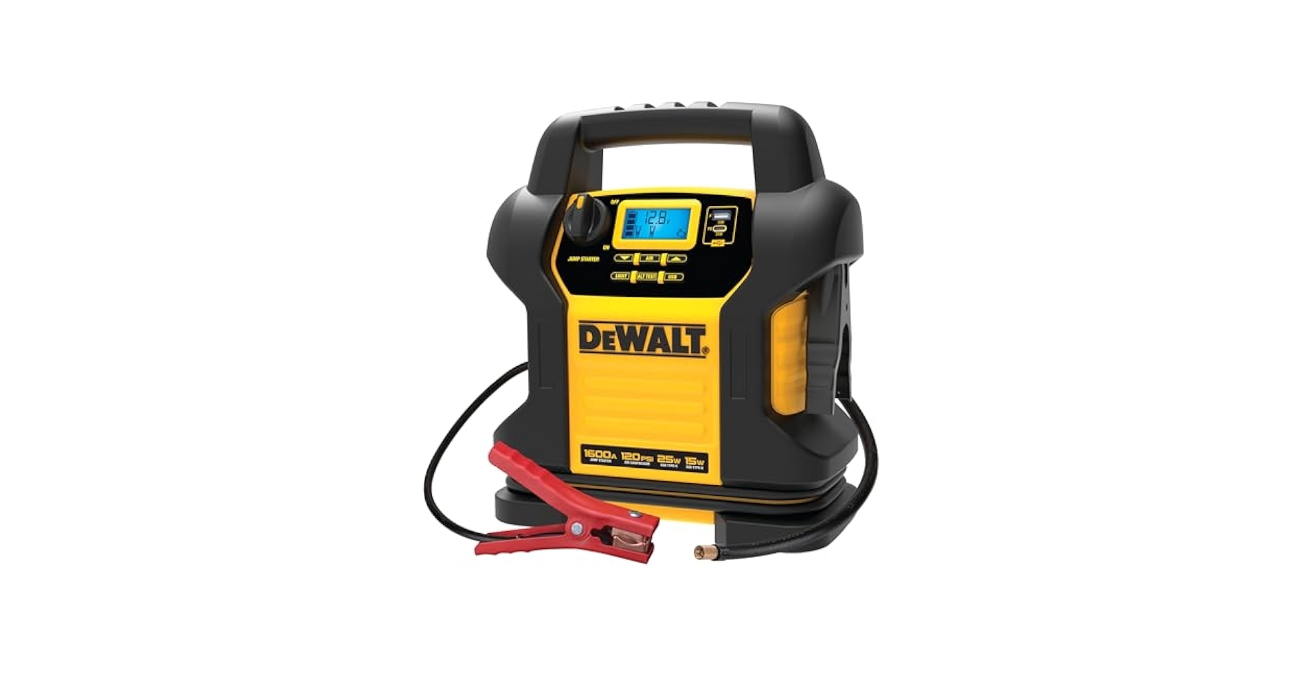Amazon DEWALT DXAEJ14 Type3 Digital Portable Power Station Jump Starter 1600 Peak Amps With 120 PSI Compressor AC Charging Cube 15W USB A And 25W USB C Power For Electronic Devices Automotive