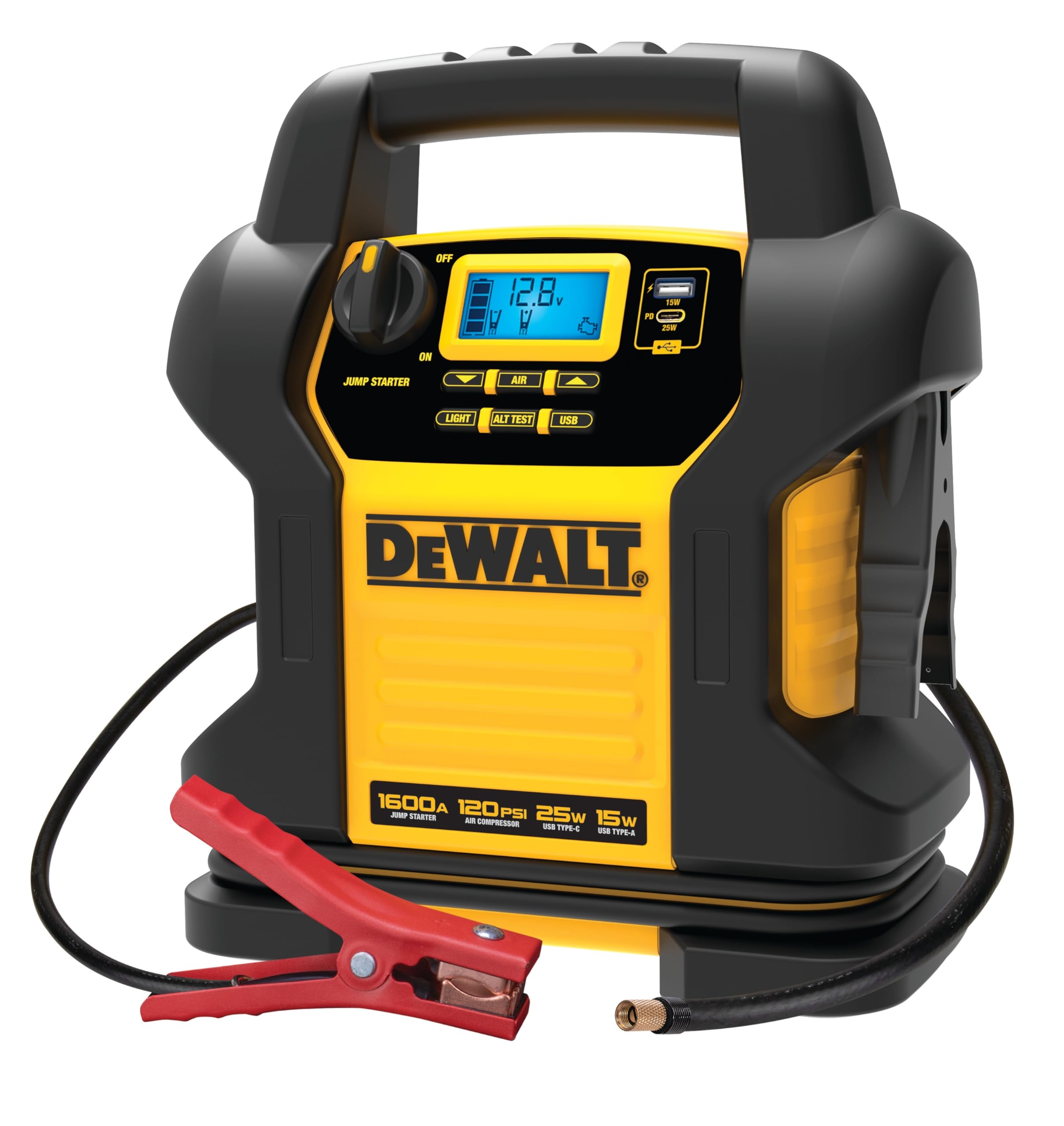 Amazon DEWALT DXAEJ14 Type3 Digital Portable Power Station Jump Starter 1600 Peak Amps With 120 PSI Compressor AC Charging Cube 15W USB A And 25W USB C Power For Electronic Devices Automotive