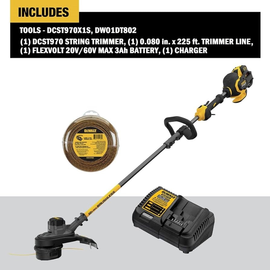 Amazon DEWALT FLEXVOLT 60V MAX String Trimmer Two Speed 15 Inch 3 Ah Battery U0026 Extra Trimmer Line 225 foot By 0 080 Inch DCST970X1 U0026 DWO1DT802 Yellow Patio Lawn U0026 Garden