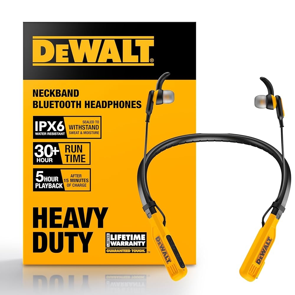 Amazon DEWALT Heavy Duty Bluetooth Neckband Headphones Wireless Around The Neck Earbuds W 30H Runtime Noise Isolation Secure Magnetic Wireless Earbuds Jobsite Pro Built in Mic Bluetooth Headsets Electronics