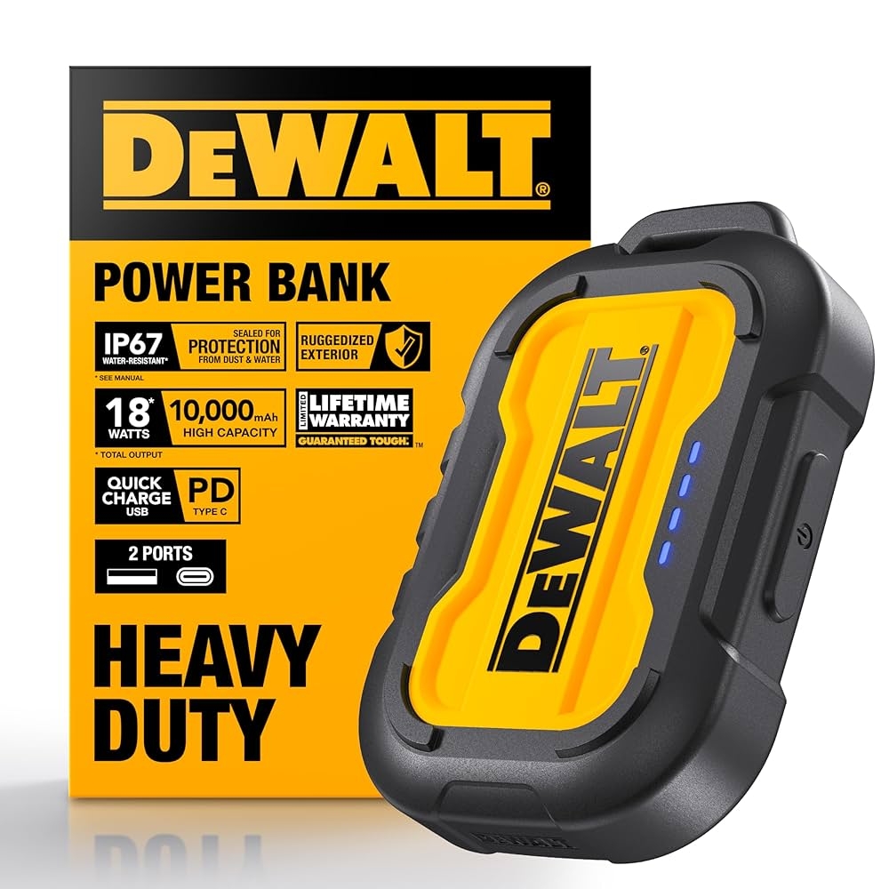 Amazon DEWALT Heavy Duty Portable Charger Power Bank 10 000 MAh Battery Pack With USB C Port For IPhone 16 16 Plus 16 Pro 16 Pro Max IPhone 15 14 13 Samsung Galaxy Cell Phones U0026 Accessories