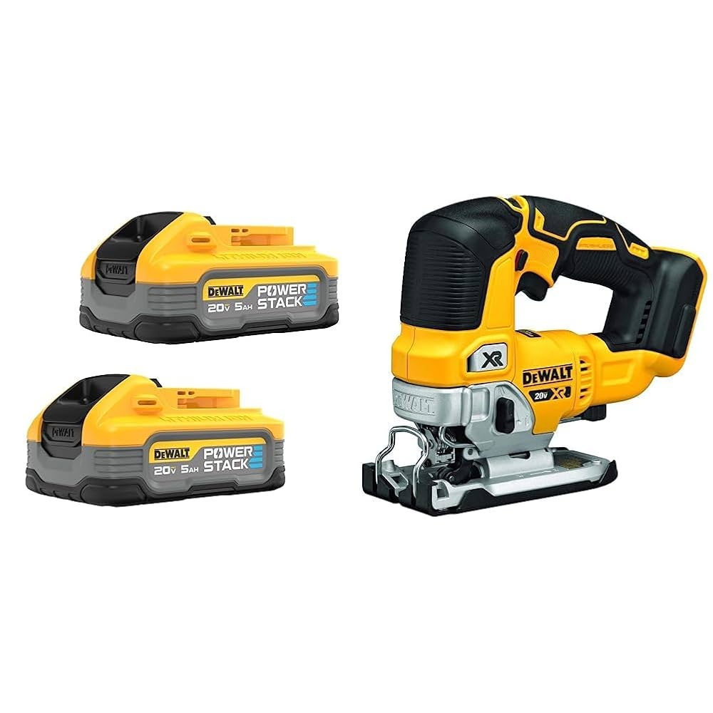 Amazon DEWALT Powerstack 20V MAX Battery Rechargeable 5Ah Lithium Ion 2 Pack DCBP520 2 20V MAX XR Jig Saw 3 200 Blade Speed Cordless Brushless Motor LED Light Bare Tool Only DCS334B Tools