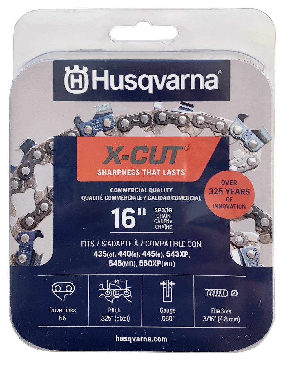 Amazon Husqvarna X Cut SP33G 16 Inch Chainsaw Chain 325 Pitch 050 Gauge 66 Drive Links Pre Stretched Chainsaw Blade Replacement With Superior Lubrication And Low Kickback Grey Patio Lawn Garden