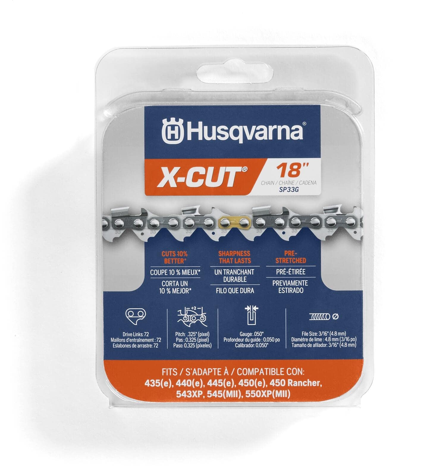 Amazon Husqvarna X Cut SP33G 18 Inch Chainsaw Chain 325 Pitch 050 Gauge 72 Drive Links Pre Stretched Chainsaw Blade Replacement With Superior Lubrication And Low Kickback Gray Patio Lawn Garden