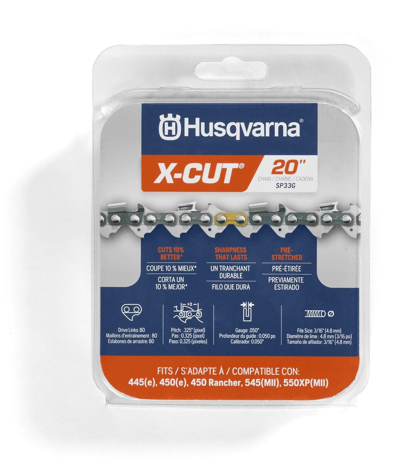 Amazon Husqvarna X Cut SP33G 20 Inch Chainsaw Chain 325 Pitch 050 Gauge 80 Drive Links Highly Durable Pre Stretched Chainsaw Blade Replacement With Superior Lubrication And Low Kickback Gray Patio Lawn