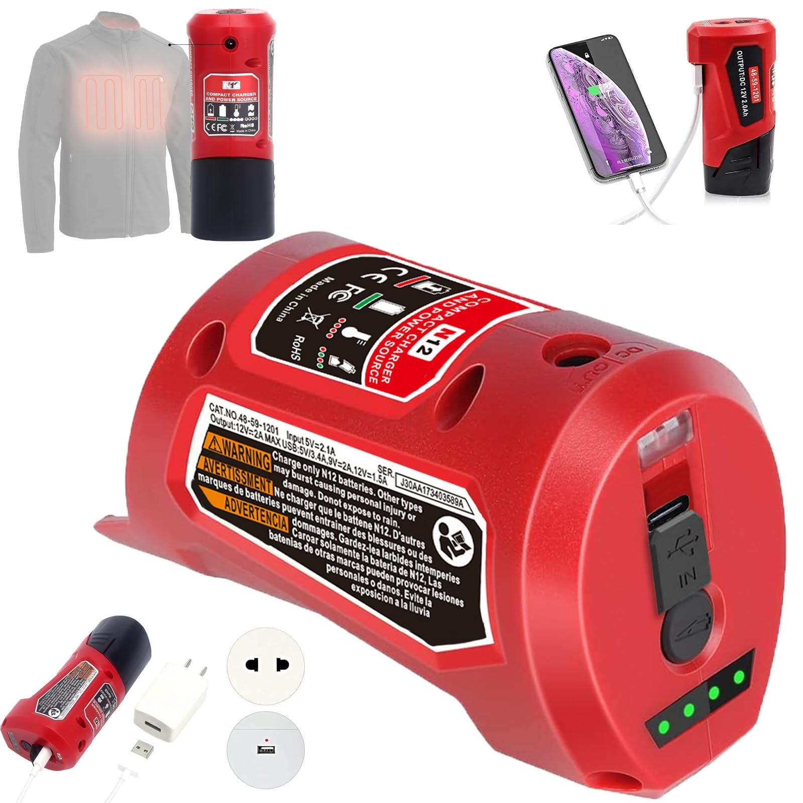 Amazon M 12 Battery Charger With Type c Port DC 12V Outlet Power Source Replacement For Milwaukee M 12 12V Battery Adapter For Milwaukee Heated Jacket 49 24 2310 Compatible With 48 11 2420 48 11 2411 Tools 