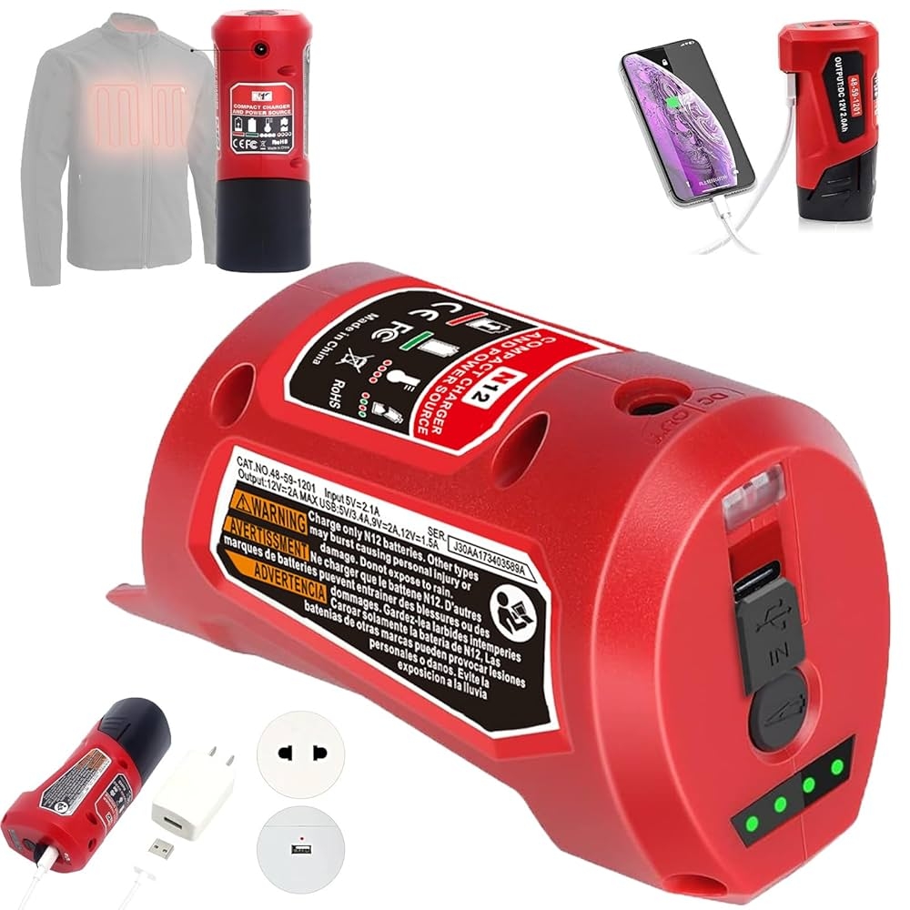 Amazon M 12 Battery Charger With Type c Port DC 12V Outlet Power Source Replacement For Milwaukee M 12 12V Battery Adapter For Milwaukee Heated Jacket 49 24 2310 Compatible With 48 11 2420 48 11 2411 Tools 
