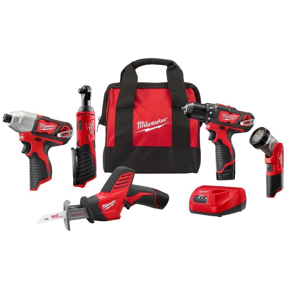 Amazon Milwaukee 2498 25 M12 12V Cordless 5 Tool Combo Kit 2407 20 3 8 In Drill Driver 2462 20 1 4 In Hex Impact Driver 2420 20 Hackzall Recip Saw 2457 20 3 8 In Ratchet 49 24 0146 LED Worklight YKGAV Tools Home Improvement