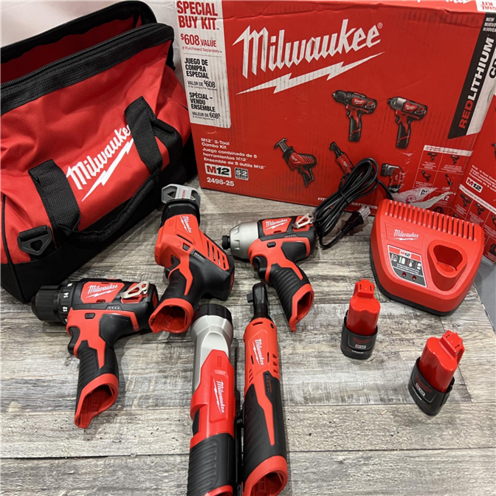AS IS MILWAUKEE M12 12V Lithium Ion Cordless Combo Kit 5 Tool With Two 1 5Ah Batteries Charger Tool Bag