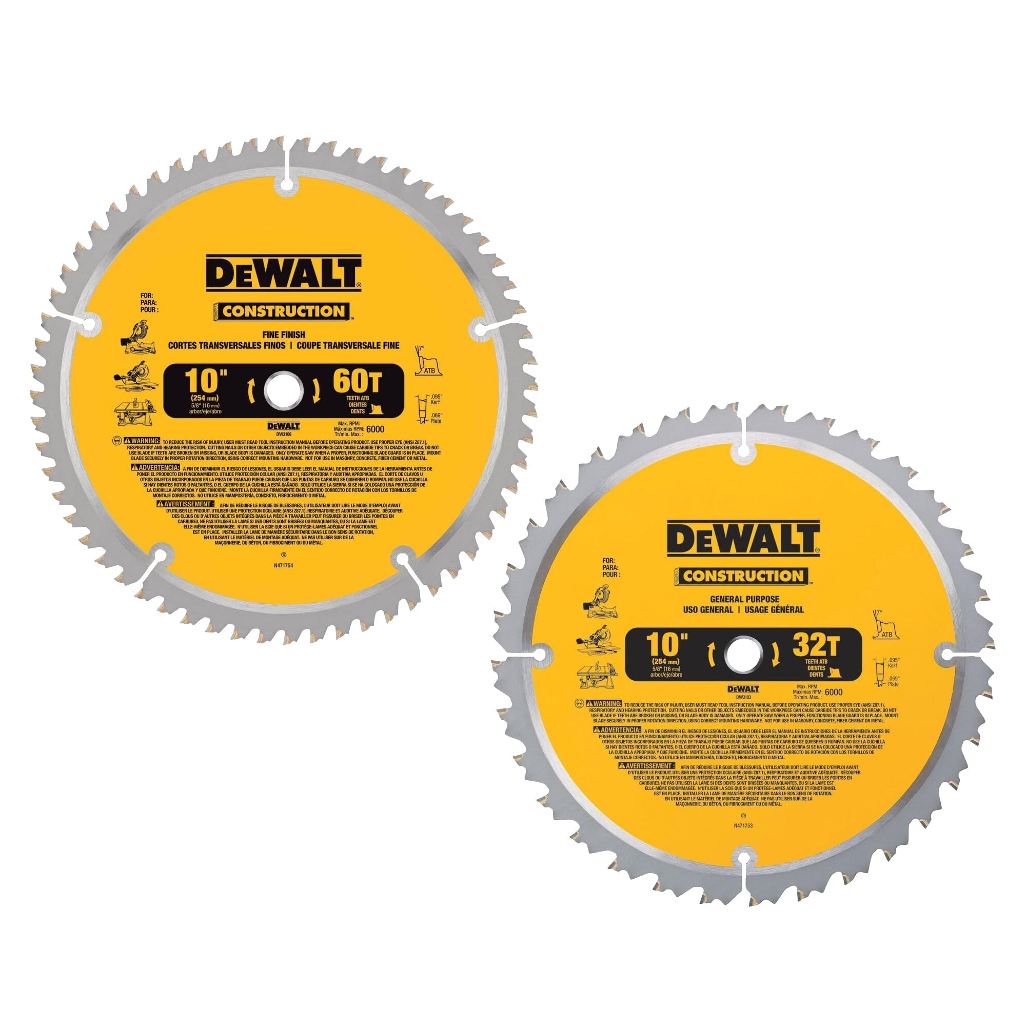 DEWALT 10 Inch Miter Saw Blades Table Saw Blades 2 Blade Combo 60 Tooth U0026 32 Tooth Pack DW3106P5 Miter Saw Blades Amazon