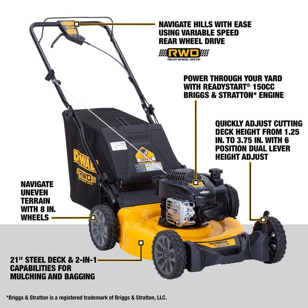 DEWALT 12A O1T9739 21 In 150cc Briggs And Stratton 625ex Engine Rear Wheel Drive 2 in 1 Gas Self Propelled Walk Behind Lawn Mower Discounttoday