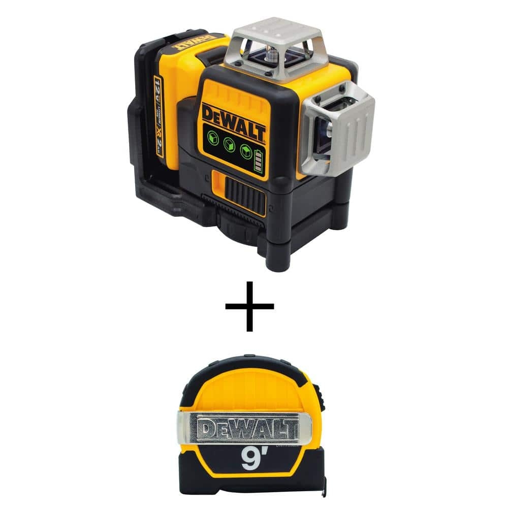 DEWALT 12V MAX Lithium Ion 100 Ft Green Self Leveling 3 Beam 360 Degree Laser Level Kit And 9 Ft Pocket Tape Measure DW089LG QUW3028 The Home 