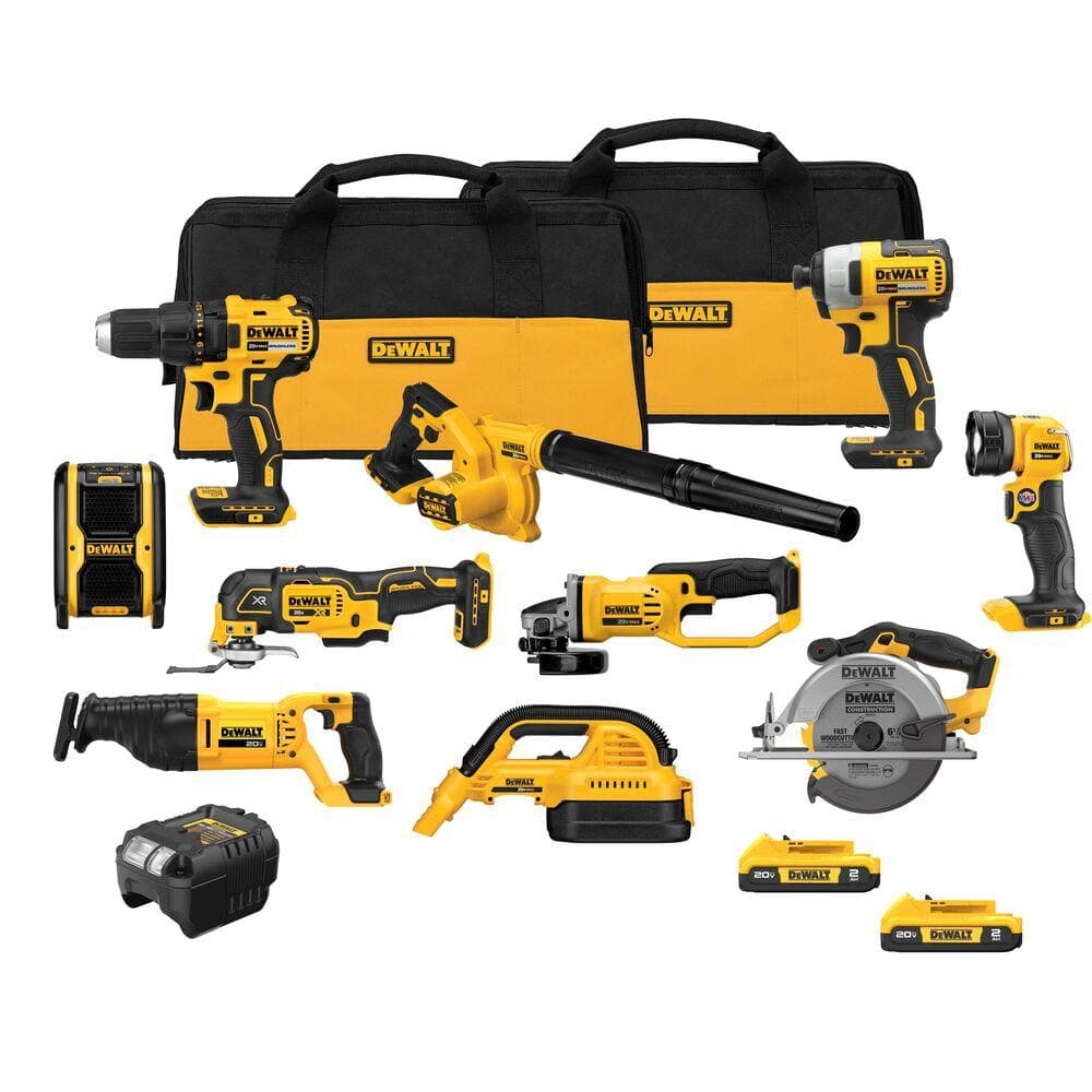 DEWALT 20 Volt Max Lithium Ion 10 Tool Cordless Combo Kit With Two 2 0 Ah Batteries Charger And 2 Bags DCK1021D2 The Home Depot