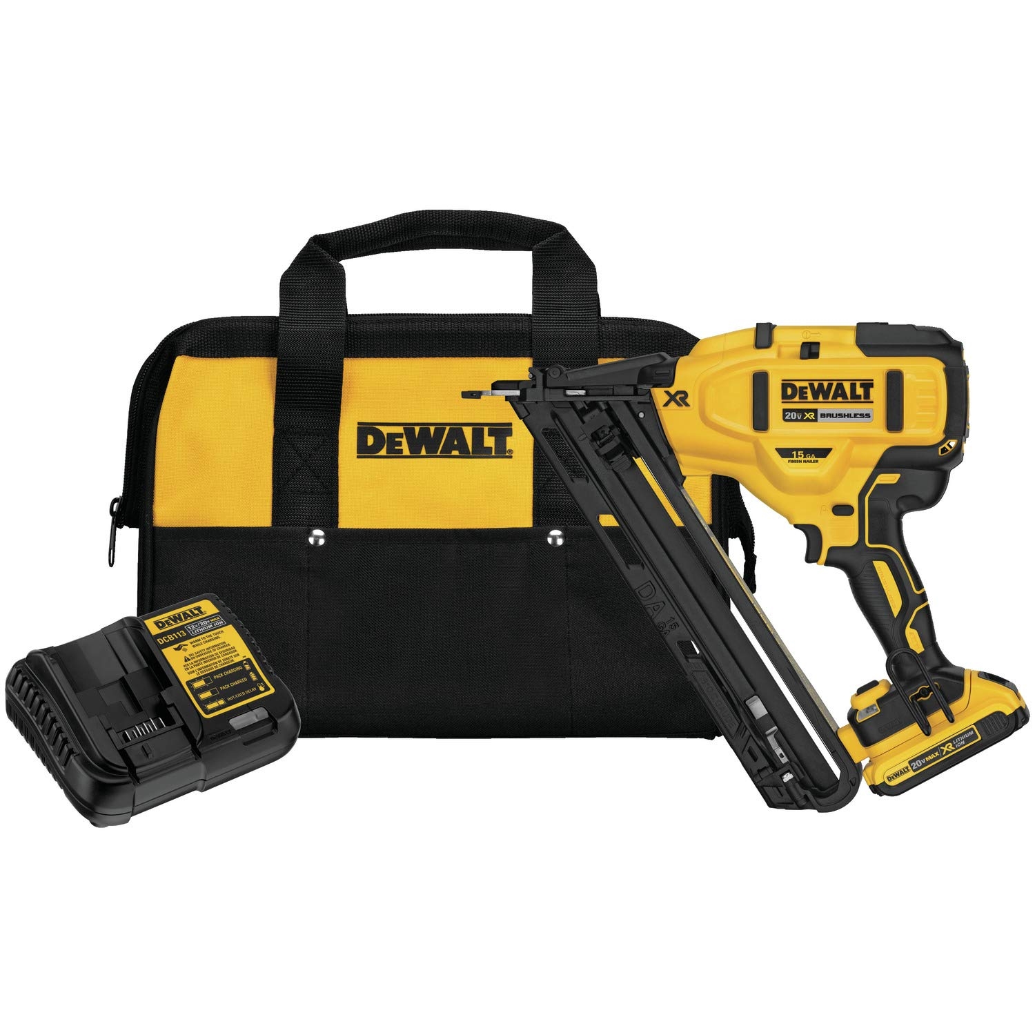DEWALT 20V MAX Finish Nailer Kit Angled 15GA Battery Charger Bag DCN650D1 885911489768 EBay