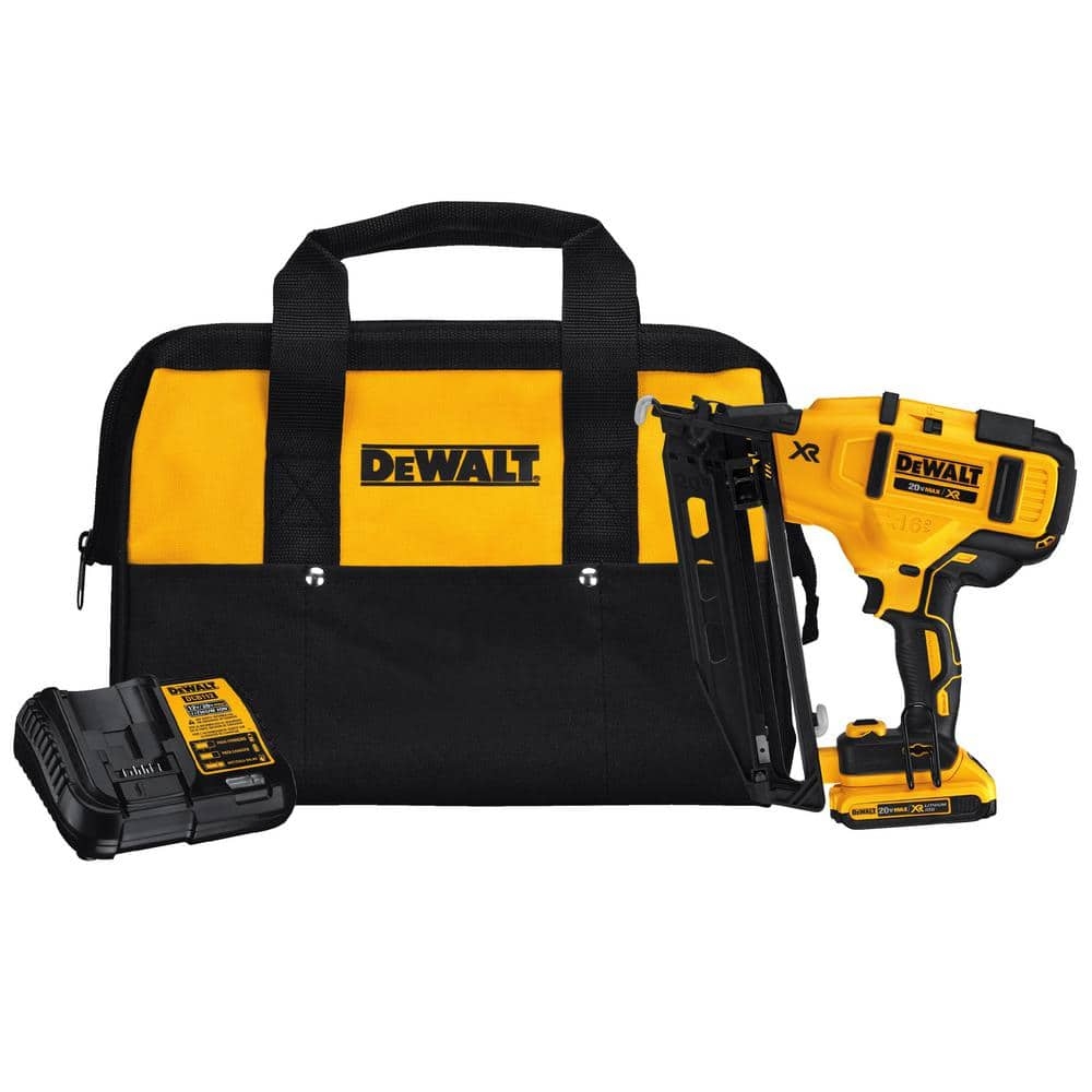 DEWALT 20V MAX XR 16 Gauge Electric Cordless Angled Finishing Nailer Kit DCN660D1 The Home Depot