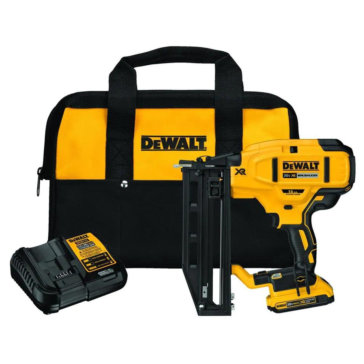 DEWALT 20V MAX XR Brushless 16 GA Cordless Straight Finish Nailer Kit With Battery Charger Storage Bag