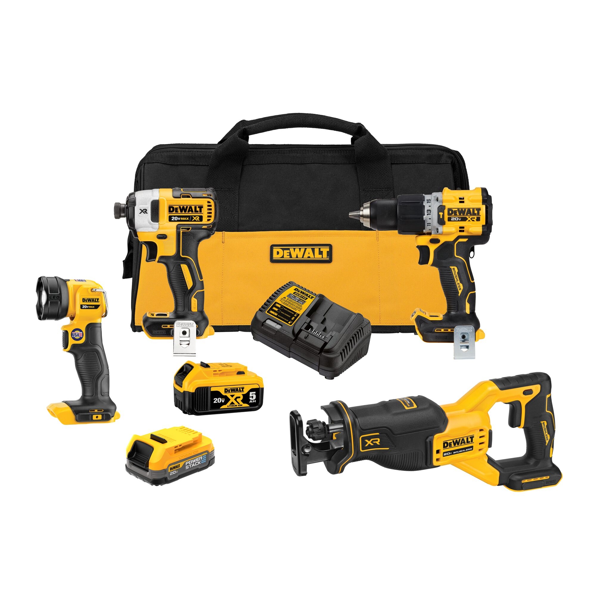 DEWALT 20V MAX XR Brushless 4 Tool Combo Kit With POWERSTACK Compact Battery 5 0Ah Battery Charger And Tool Bag DCK449E1P1 At Lowes