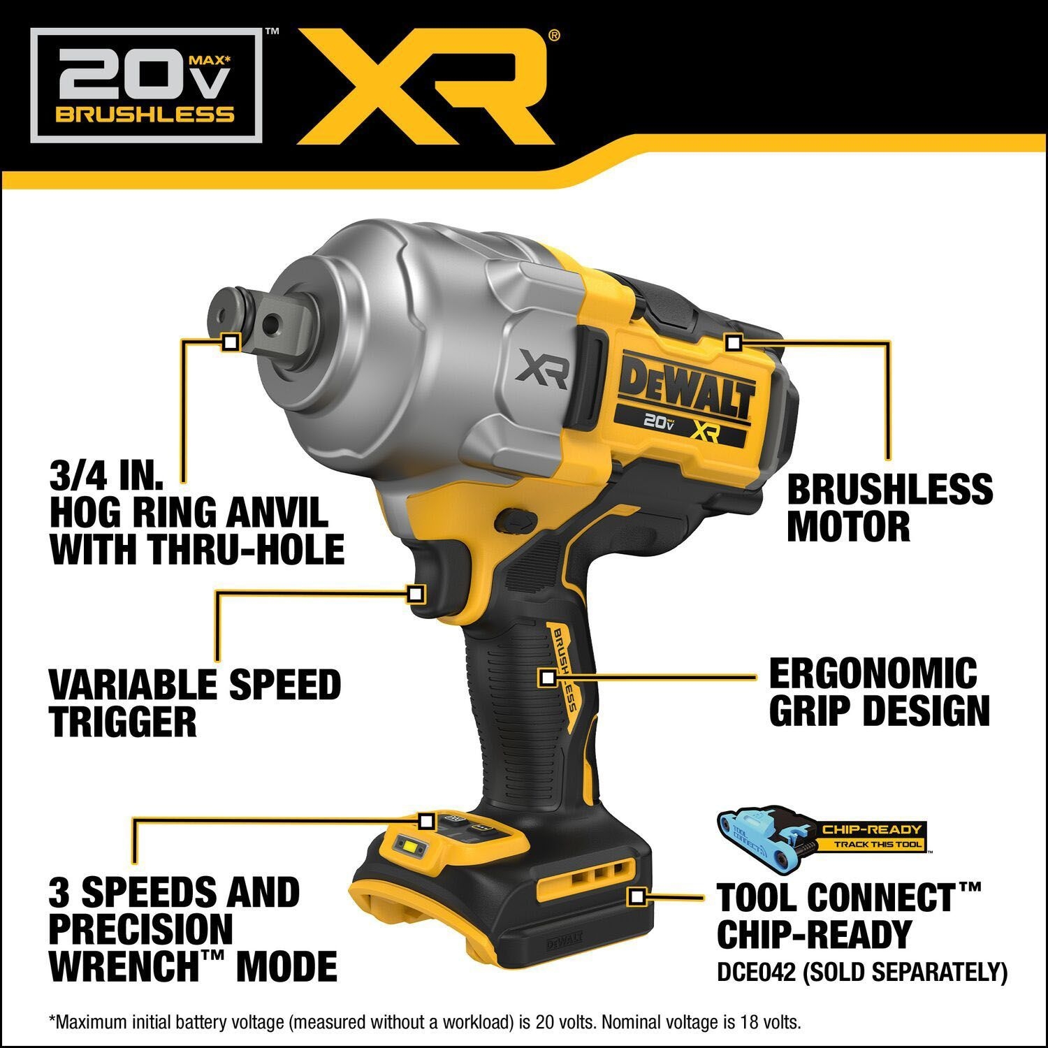 DeWalt 20V MAX XR Brushless Cordless 3 4 High Torque Impact Wrench With Hog Ring Anvil Bare Tool K L Jack