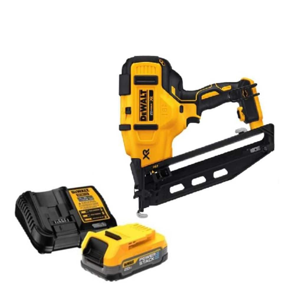 DEWALT 20V MAX XR Lithium Ion 16 Gauge Cordless Angled Finish Nailer With 1 7Ah Battery Pack And Charger DCN660BWDCBP034 The Home Depot
