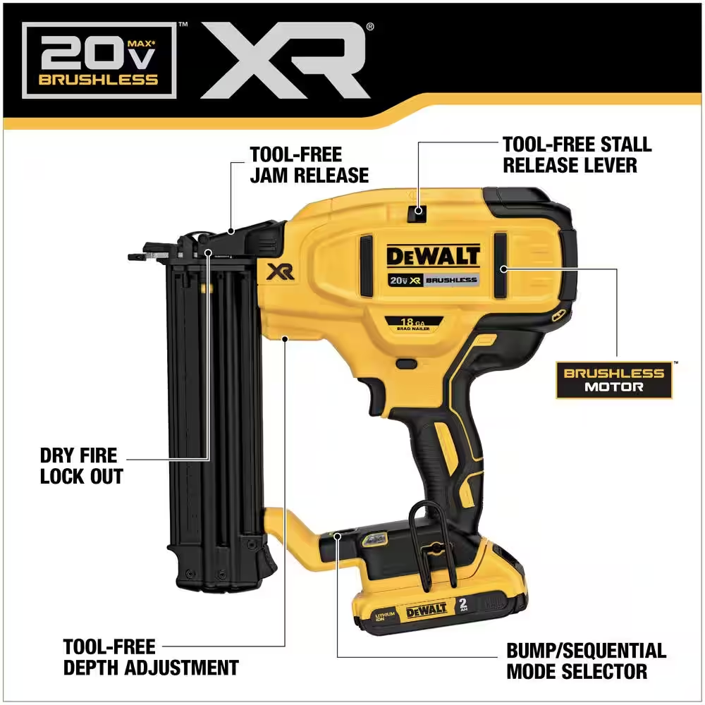 DEWALT 20V MAX XR Lithium Ion 18 Gauge Cordless Brad Nailer Kit EBay