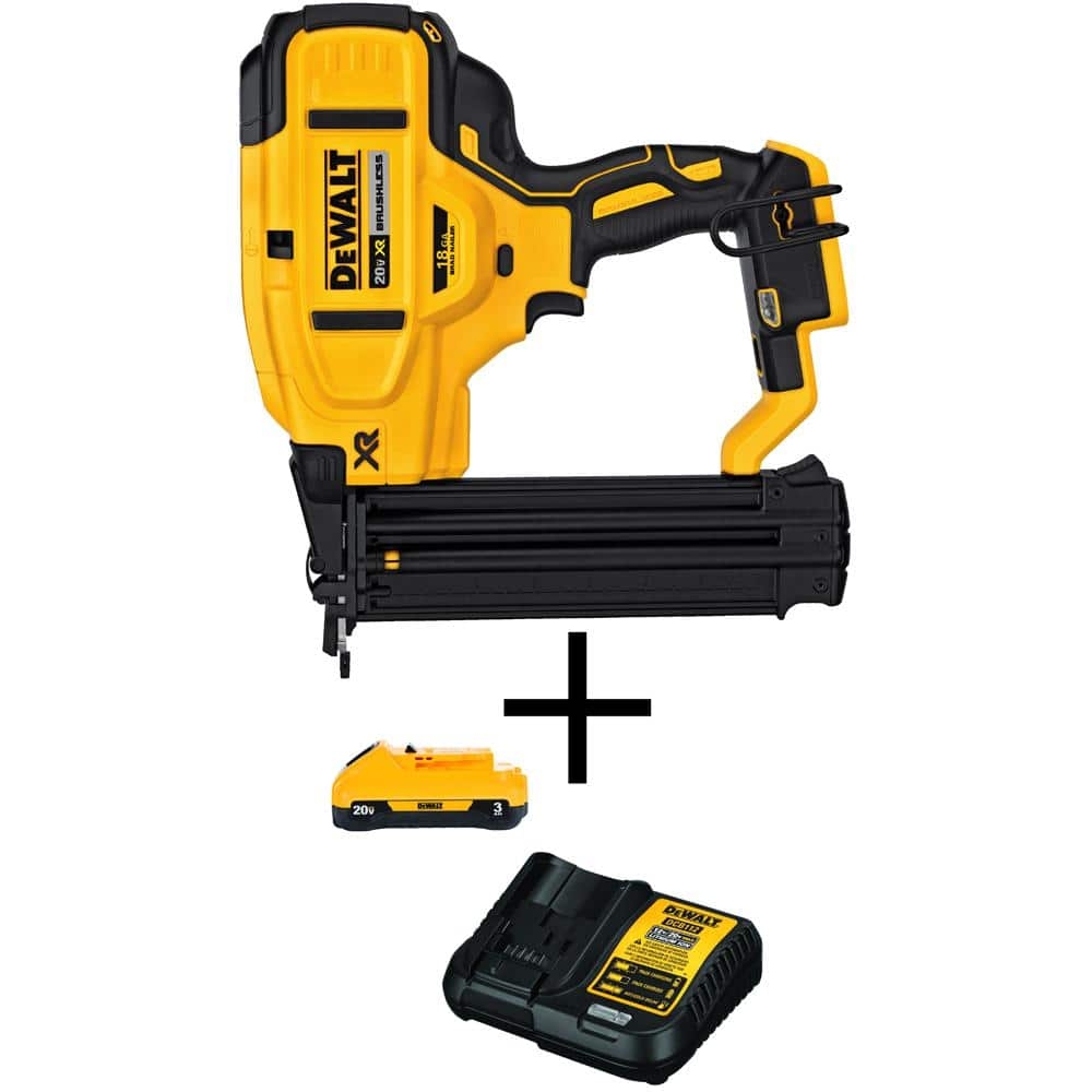 DEWALT 20V MAX XR Lithium Ion 18 Gauge Electric Cordless Brad Nailer 1 3 0Ah Battery And Charger DCN680BW230C The Home Depot