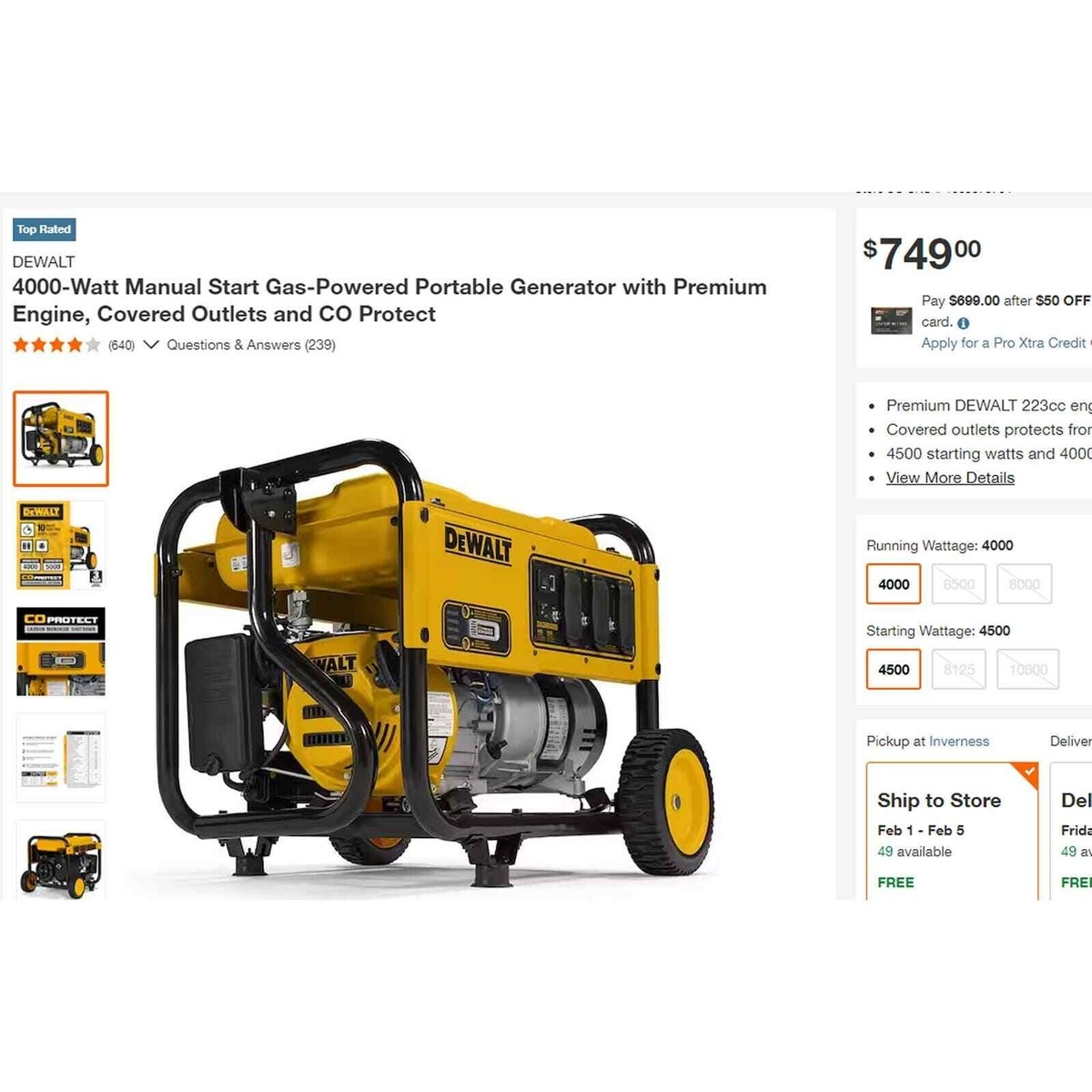 DEWALT 4000 Watt Manual Start Gas Powered Portable Generator DXGNR4000