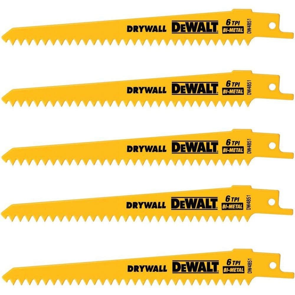 DEWALT 6 In 6 TPI Plaster Cutting Bi Metal Reciprocating Saw Blade 5 Pack DW4851 The Home Depot