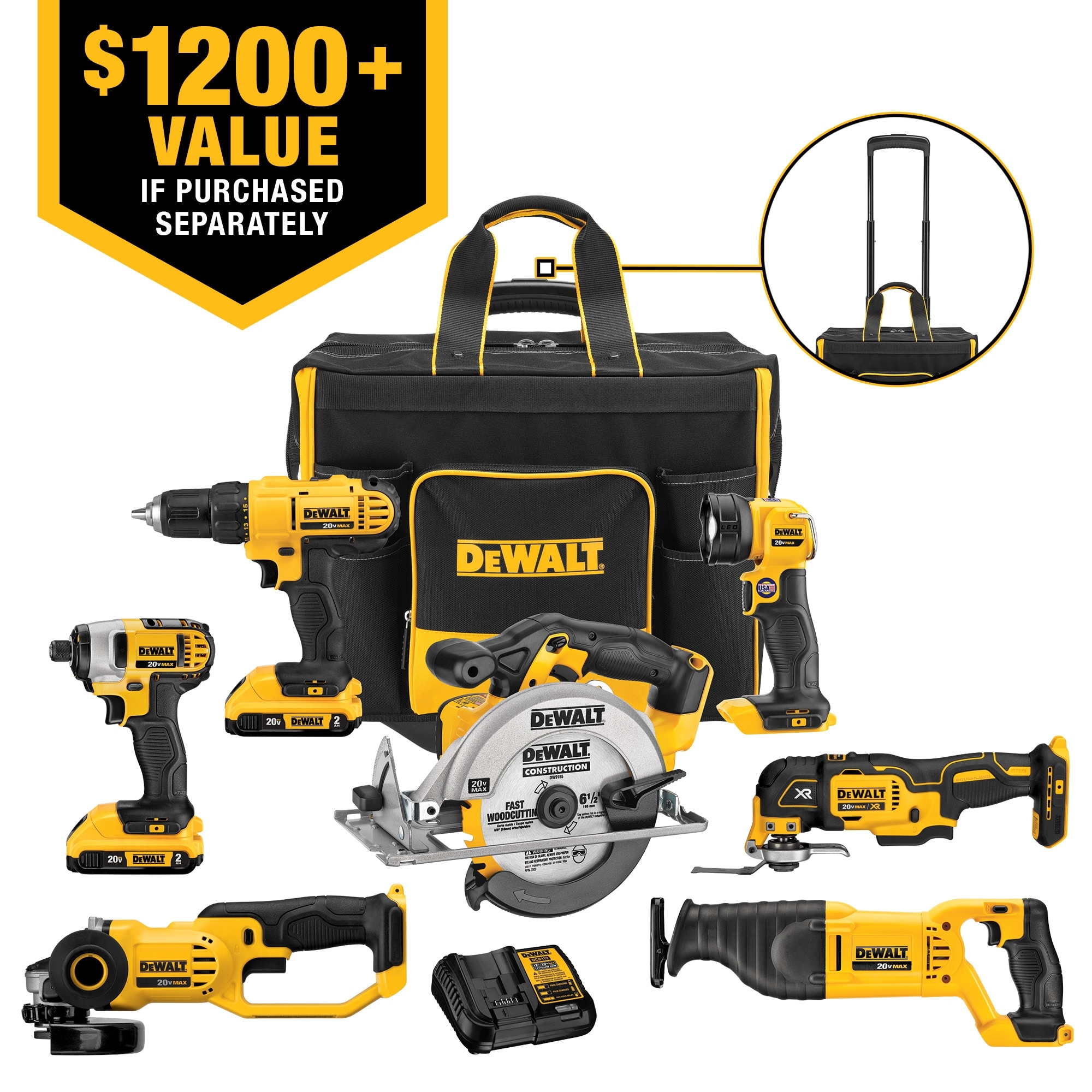 DEWALT 7 Tool 20 Volt Max Power Tool Combo Kit With Soft Rolling Case 2 Batteries And Charger Included DCKSS721D2 At Lowes