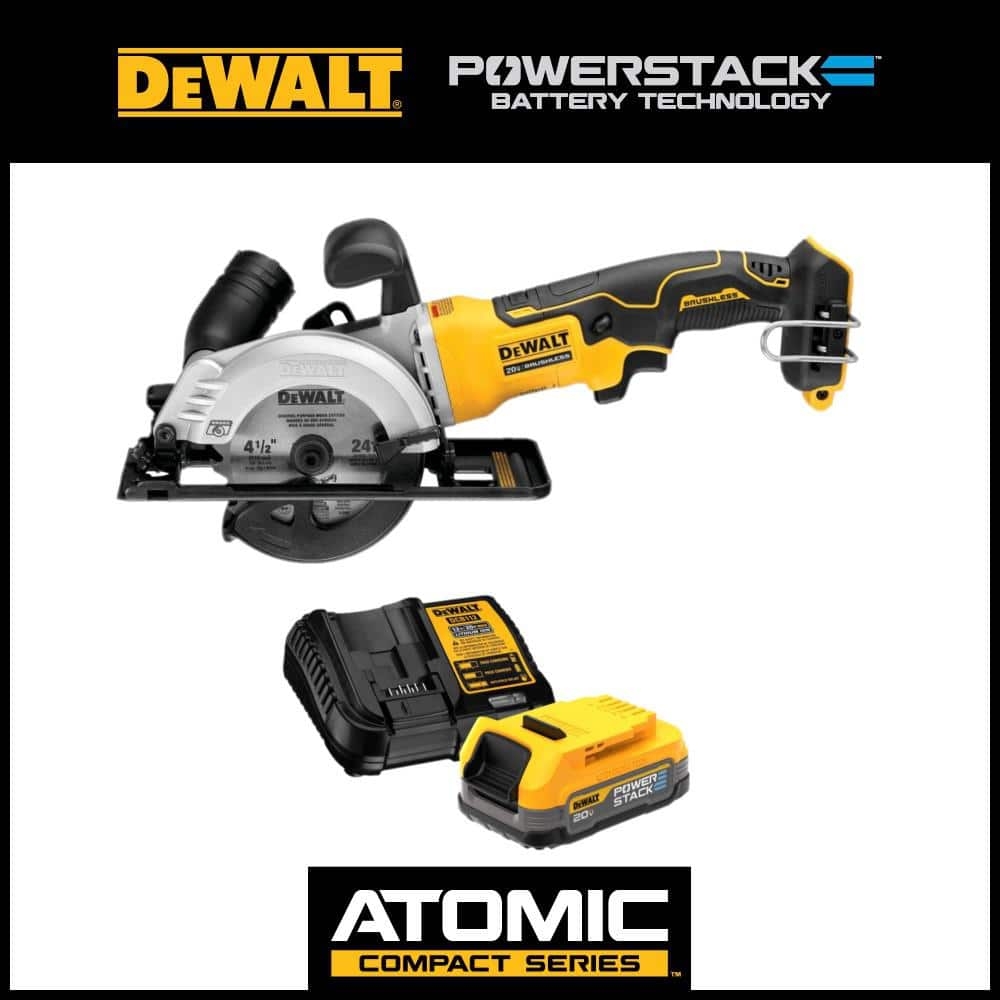 DEWALT ATOMIC 20V MAX Cordless Brushless 4 1 2 In Circular Saw And 20V MAX POWERSTACK Compact Battery Starter Kit DCS571BWP034C The Home Depot