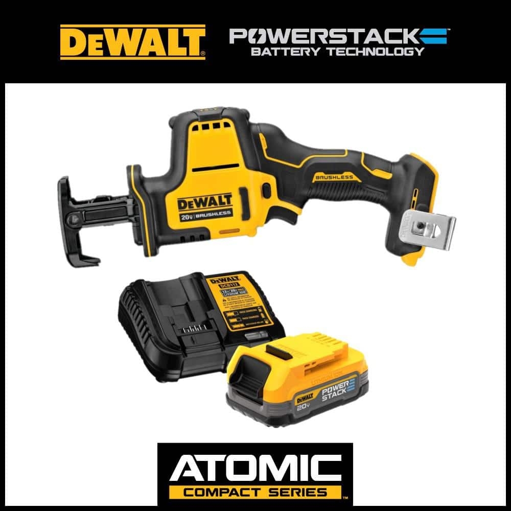 DEWALT ATOMIC 20V MAX Cordless Brushless Compact Reciprocating Saw And 20V POWERSTACK Compact Battery Starter Kit DCS369BWP034C The Home Depot