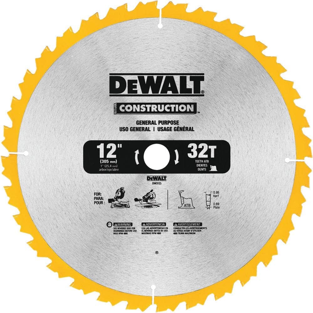 DEWALT Construction 12 In 32 Teeth Thin Kerf Miter Slide Miter Blade DW3123 The Home Depot