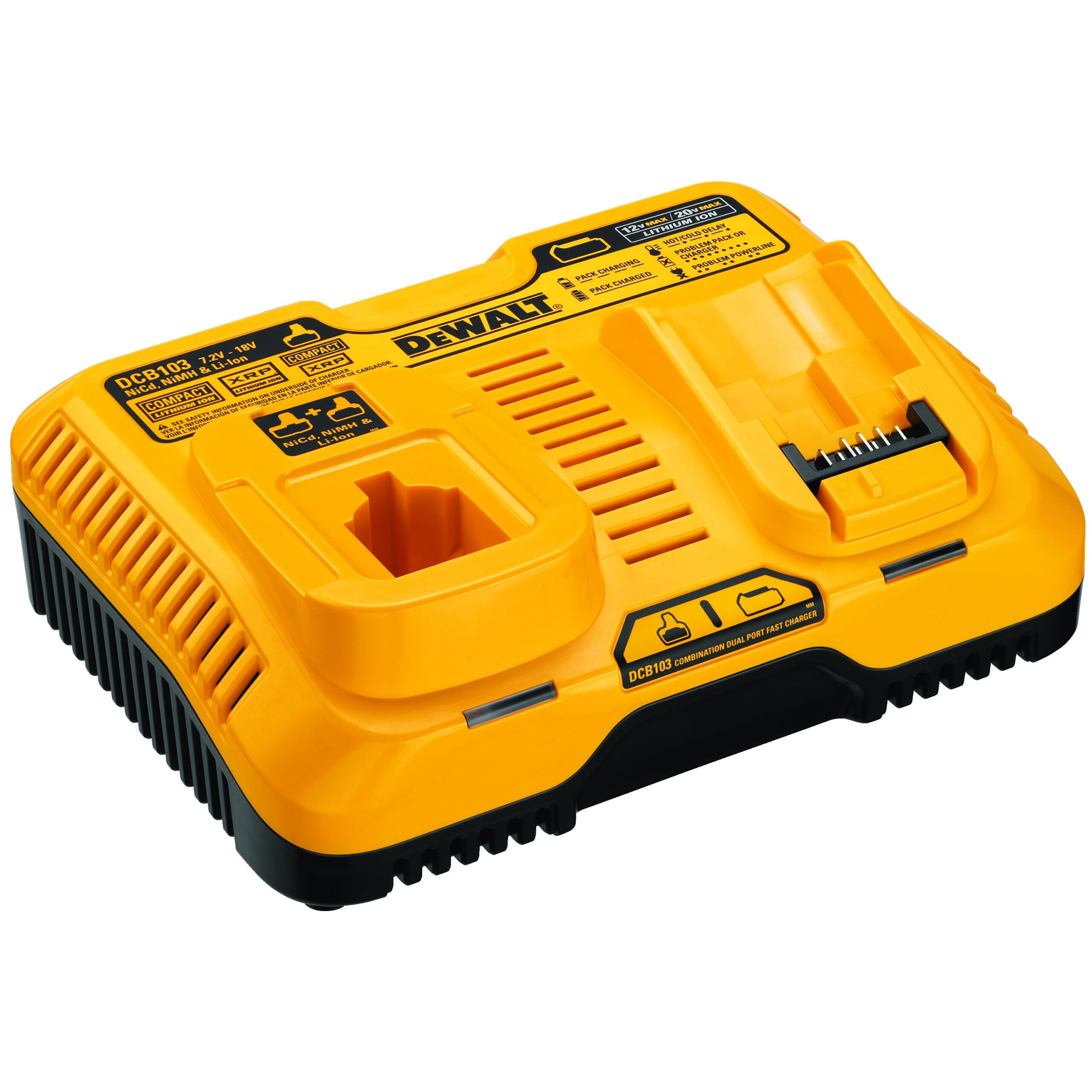 DeWALT DCB103 Combination Dual Port Fast Battery Charger For Use With DeWALT 12V MAX 20V MAX And 60V MAX Lithium Ion Batteries Li Ion NiCd NiMH Battery 90 Min Charging 2 Batteries Source Atlantic
