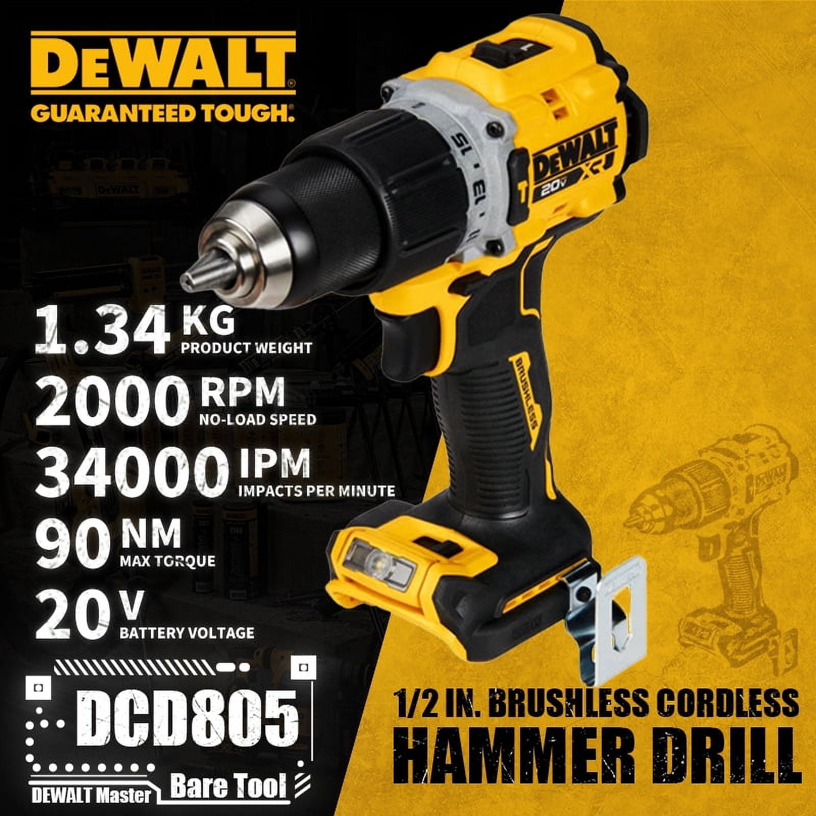 DEWALT DCD805 1 2in Brushless Cordless Hammer Drill Driver 20V Lithium Power Tools 2000RPM 34000IPM 90NM Walmart