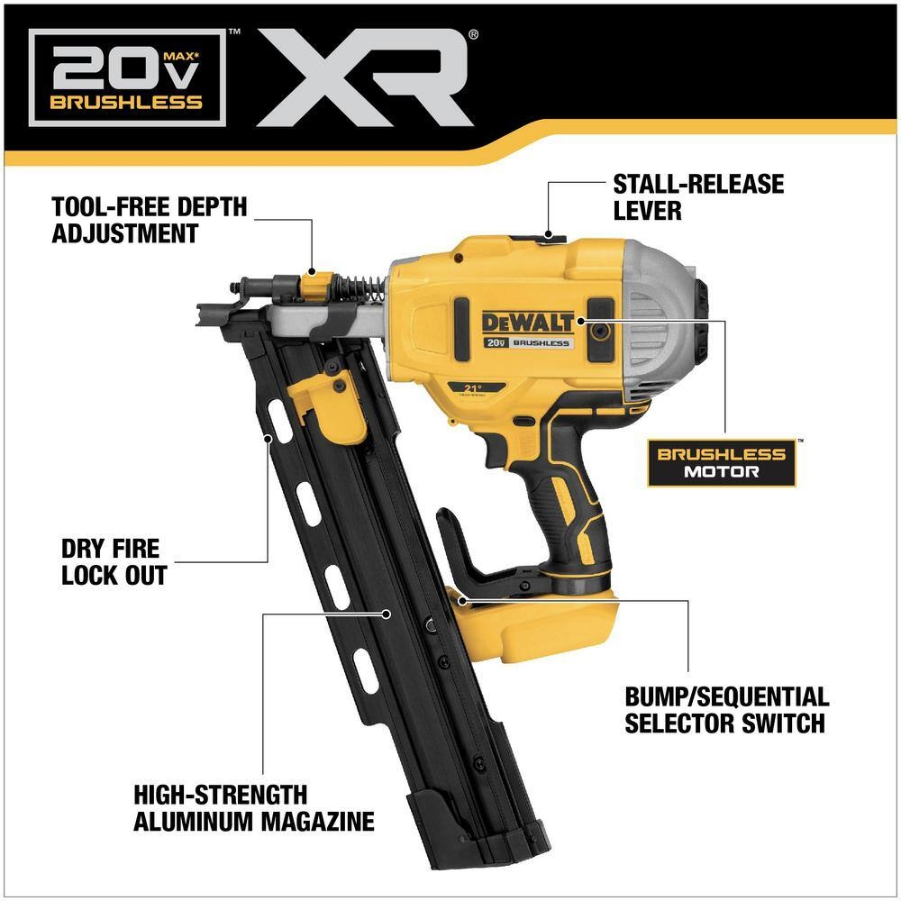 DEWALT DCN21PLB 20V MAX XR Cordless Framing Nailer Brushless 2 Speed 21 Plastic Collated Tool Only BigEasyMart