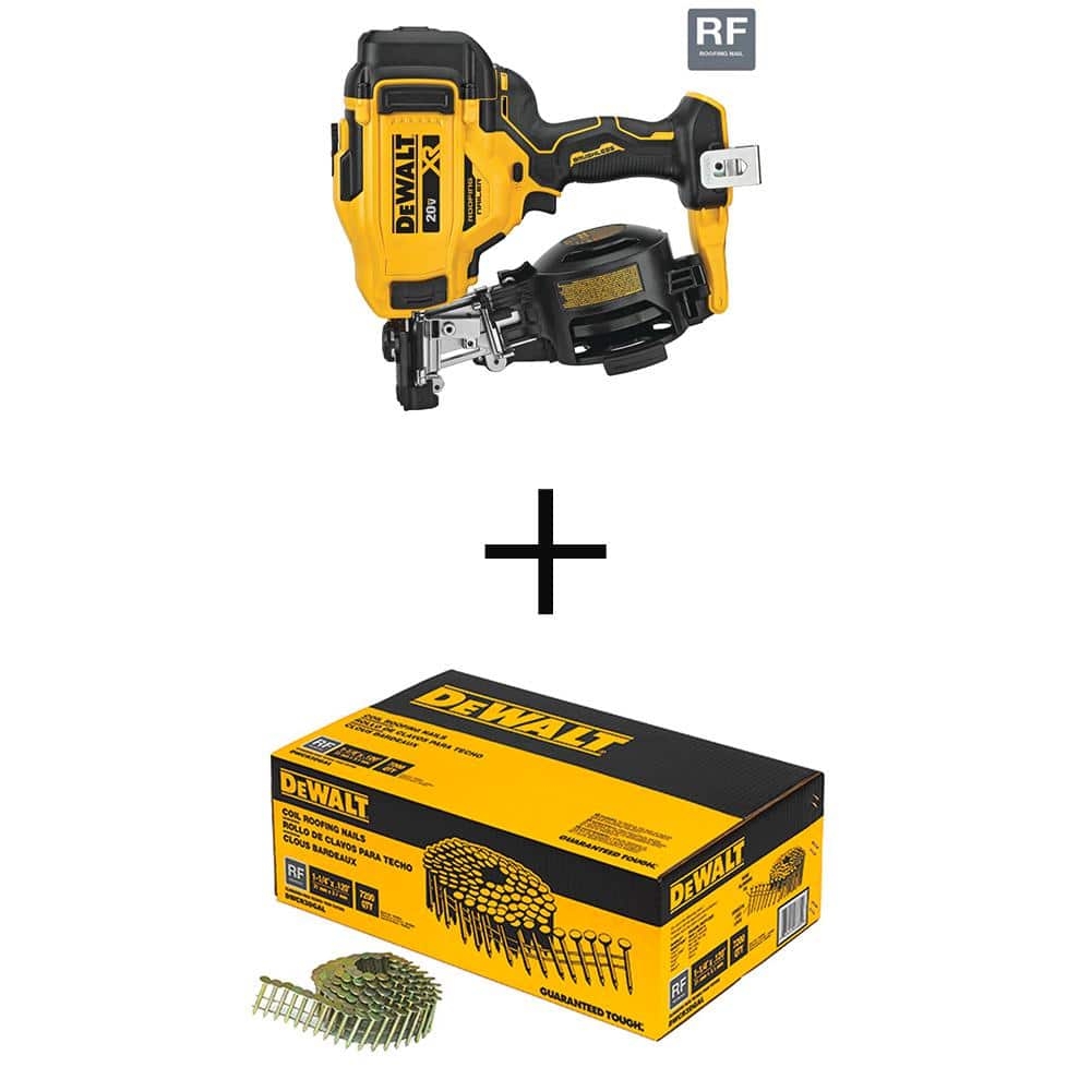 DeWalt DCN45RNBWR3DGAL 20V Max 15 Degree Cordless Roofing Nailer Tool Only W 1 1 4 In X 0 120 GA Galvanized Coil Roofing Nails 7 200 Pack 